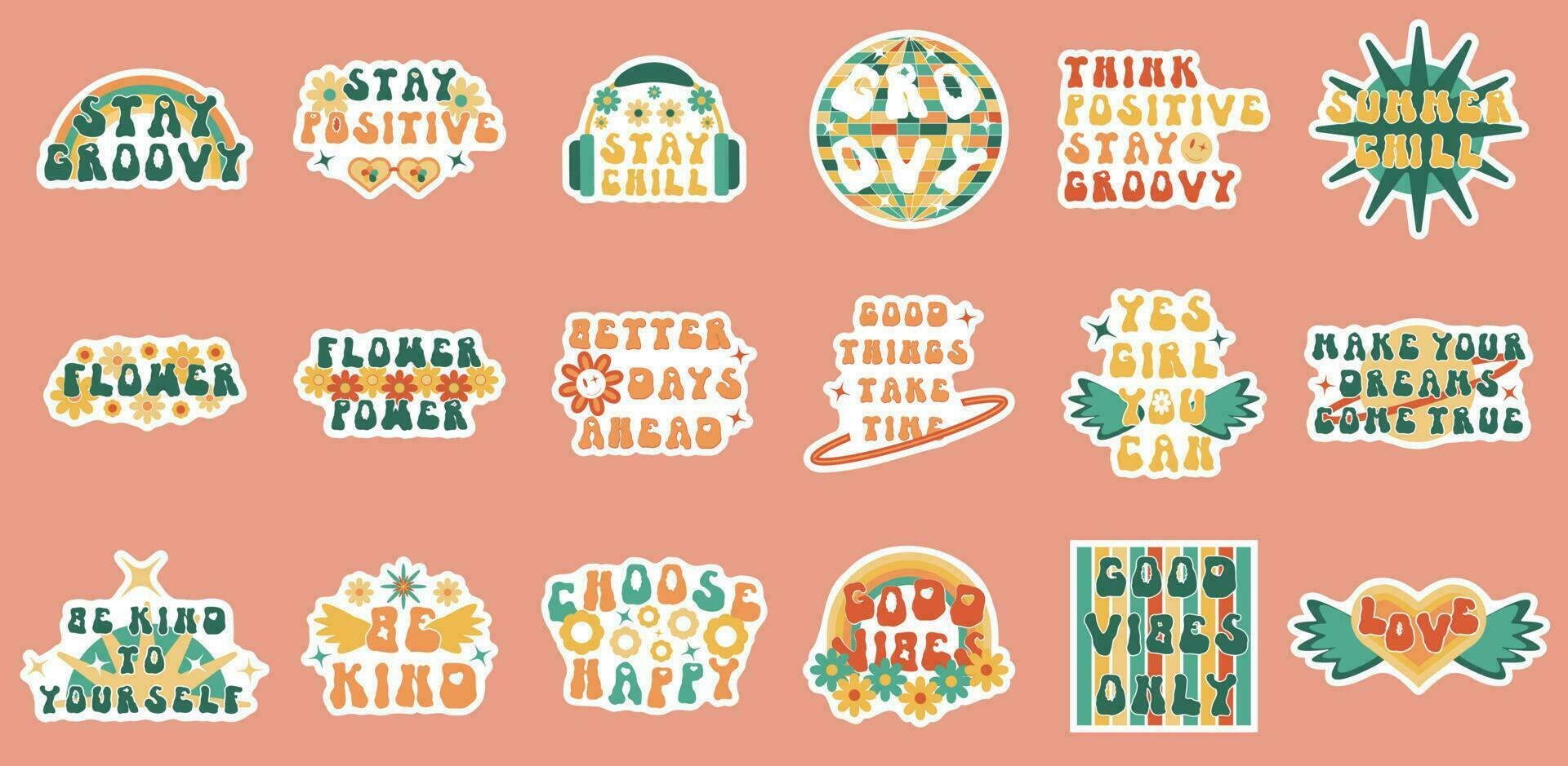 Isolated groovy trippy rave planner sticker set with white offset for print. Daisy camomile flower sublimation slogan vintage typography collection. 90s vibe funky positive retro quote vector. vector