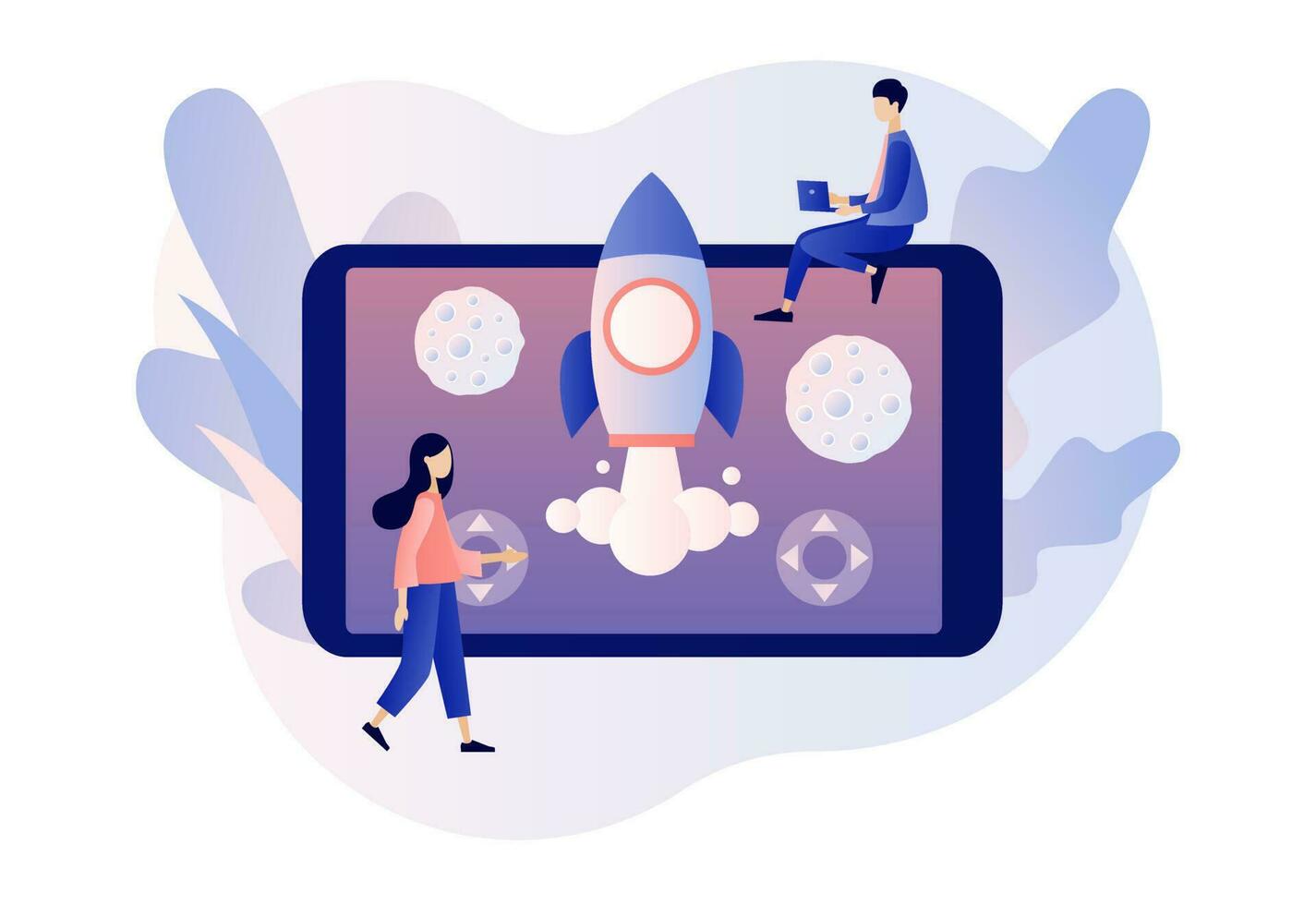 Retro game online. Tiny people playing video game with rocket and asteroids using laptop, smartphone and tablets. Modern flat cartoon style. Vector illustration on white background
