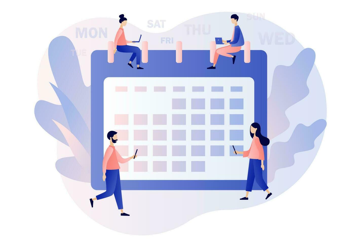 Calendar and schedule concept. Tiny people and time management, business planning, timetable. Modern flat cartoon style. Vector illustration on white background