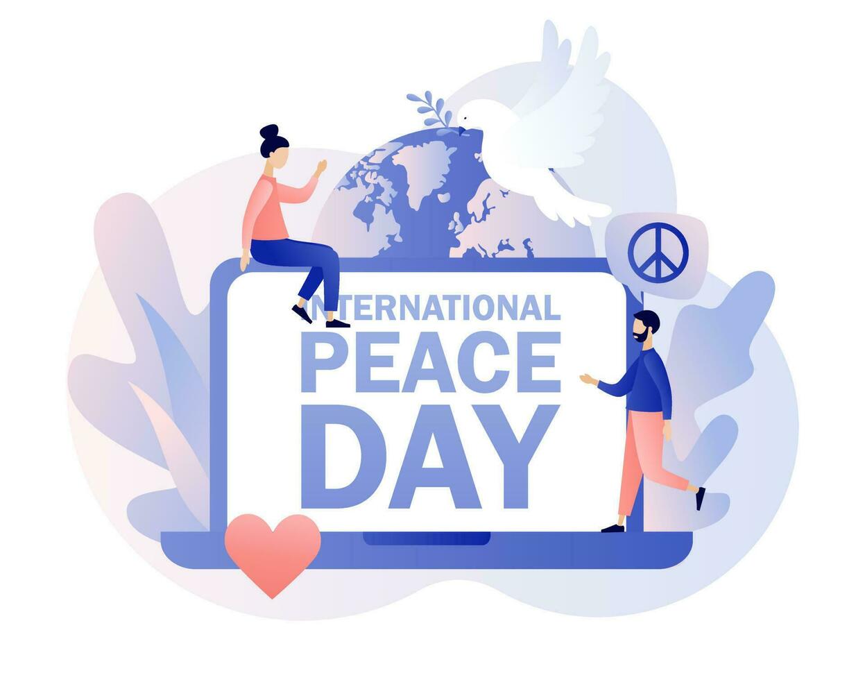 International Peace Day - text on laptop screen. Globe, white pigeon and hippie sign as a peace symbol. Tiny people live in love, calm and harmony. Modern flat cartoon style. Vector illustration