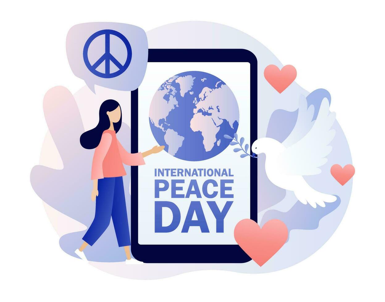 International Peace Day - text on smartphone screen. Globe, white pigeon and hippie sign as a peace symbol. Tiny people live in love, calm and harmony. Modern flat cartoon style. Vector illustration