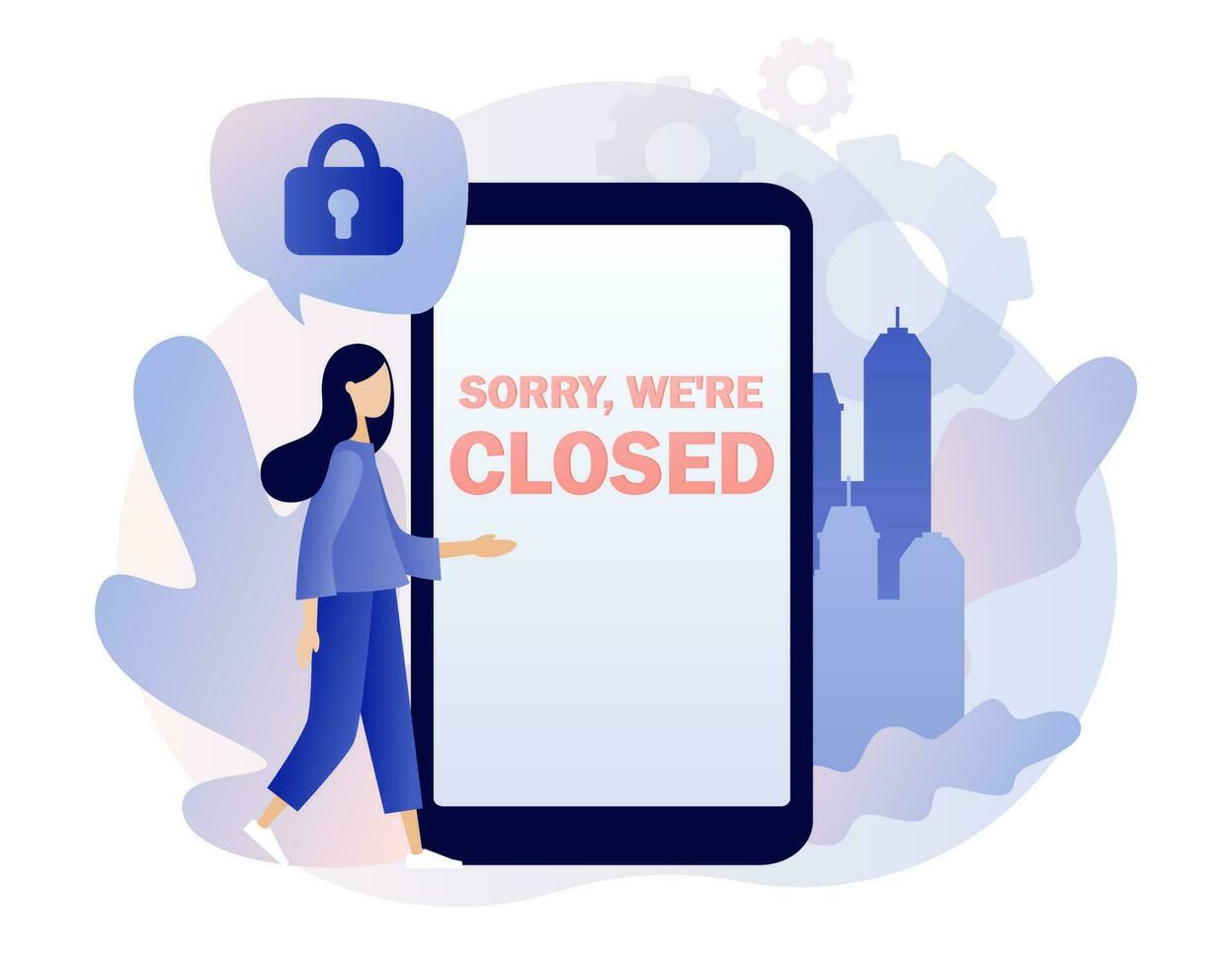 Sorry we are closed - big sign on smartphone screen. Closed establishments, cafe, shop, store, salon through bankrupt, crisis, quarantine, pandemic. Modern flat cartoon style. Vector illustration