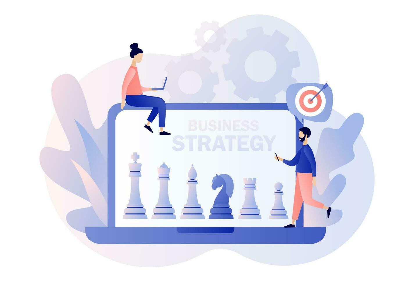 Business strategy. Chess game. Chess pieces on laptop screen. Tiny people work to data analysis, strategy planning and successful business. Modern flat cartoon style. Vector illustration