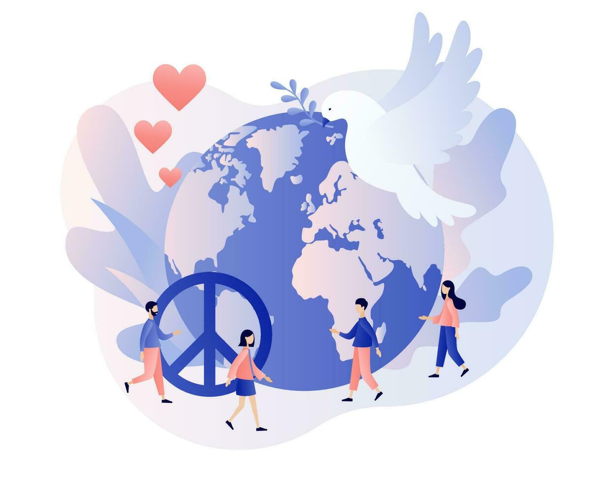 Globe, white pigeon and hippie sign as a peace symbol. World Peace Day. Tiny people live in love, calm and harmony. Modern flat cartoon style. Vector illustration on white background