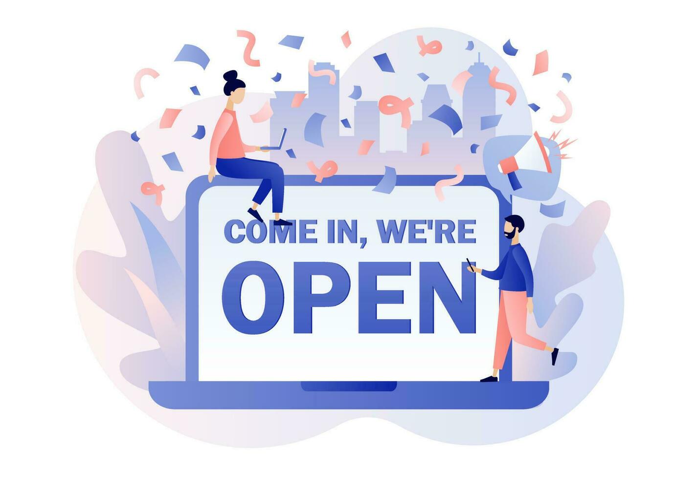 Come in we are Open - big text on laptop screen. We are working again after quarantine. Reopening establishments, cafe, shop, store, salon. Modern flat cartoon style. Vector illustration