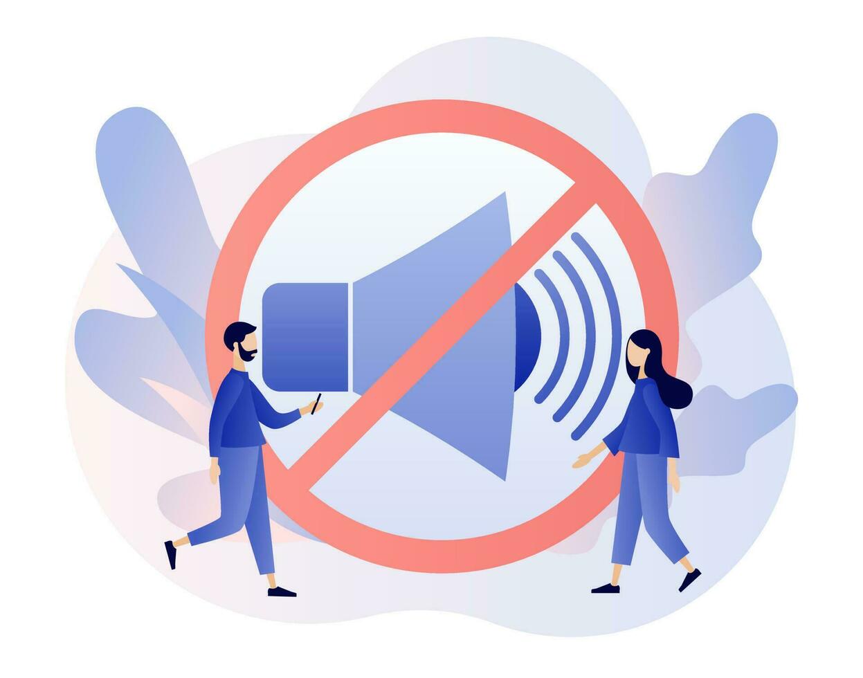 No sound, Stop noise big sign and tiny people. Quiet zone concept. Volume off or mute mode sign. Modern flat cartoon style. Vector illustration on white background