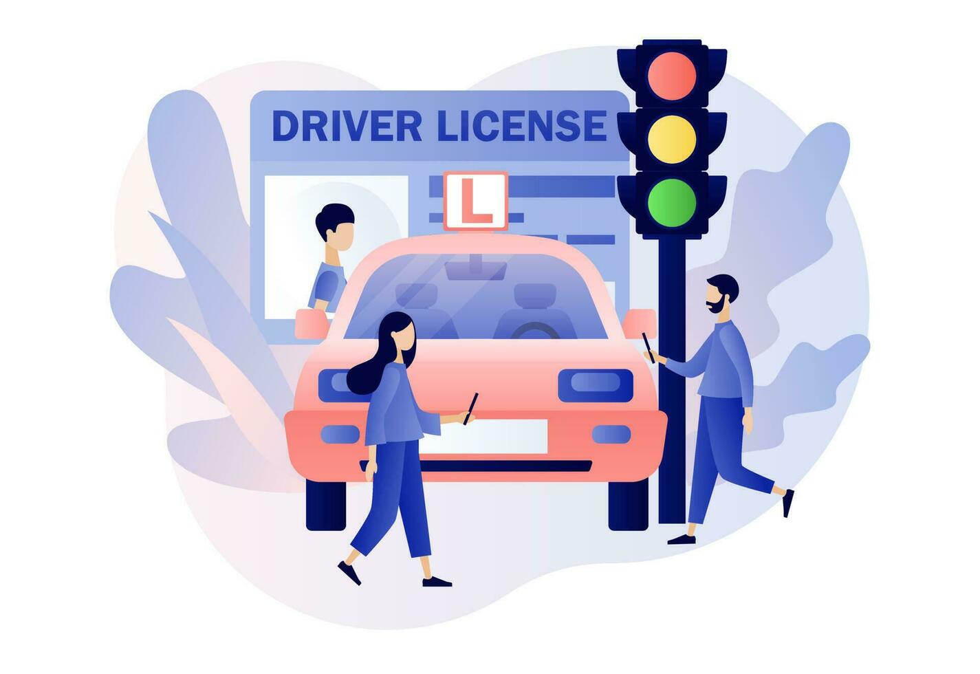 Tiny people studying in driving school and passing exams. Driver license. Traffic rules. Road signs. Education and drive lesson. Modern flat cartoon style. Vector illustration on white background