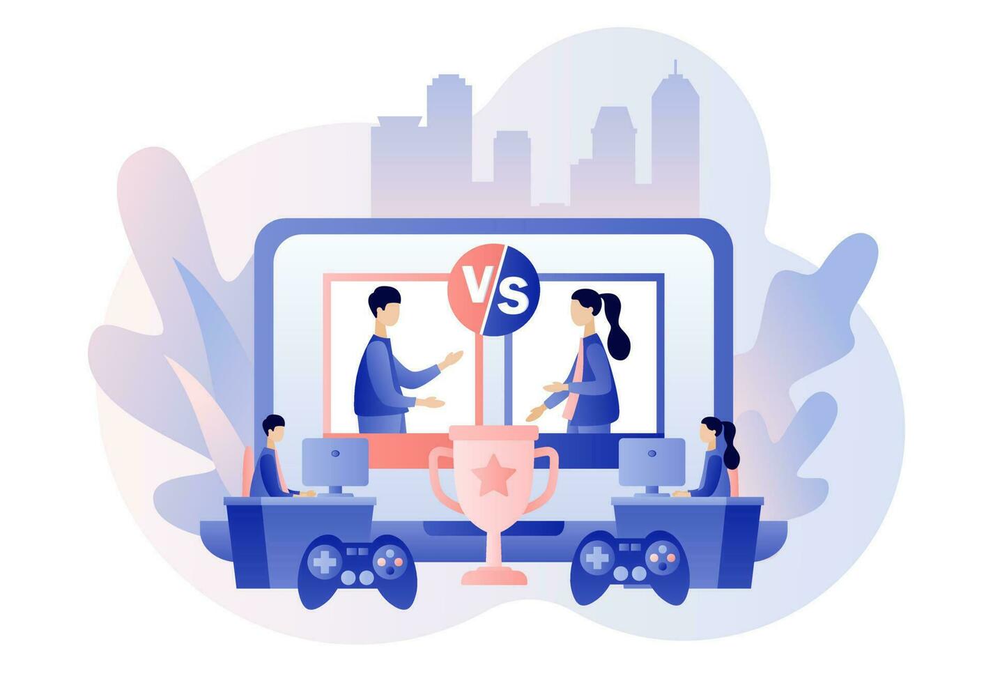 E-sport and cybersport concept. Professional gamers at video game online tournament competing for trophy. Modern flat cartoon style. Vector illustration on white background