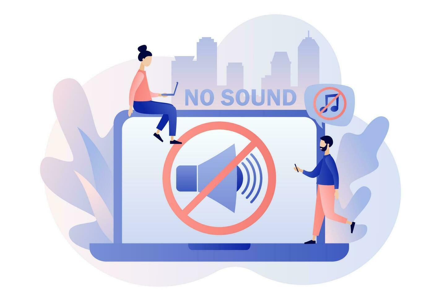 No sound. Quiet zone concept. Stop noise sign and tiny people. Volume off or mute mode sign for smartphone or laptop. Modern flat cartoon style. Vector illustration on white background