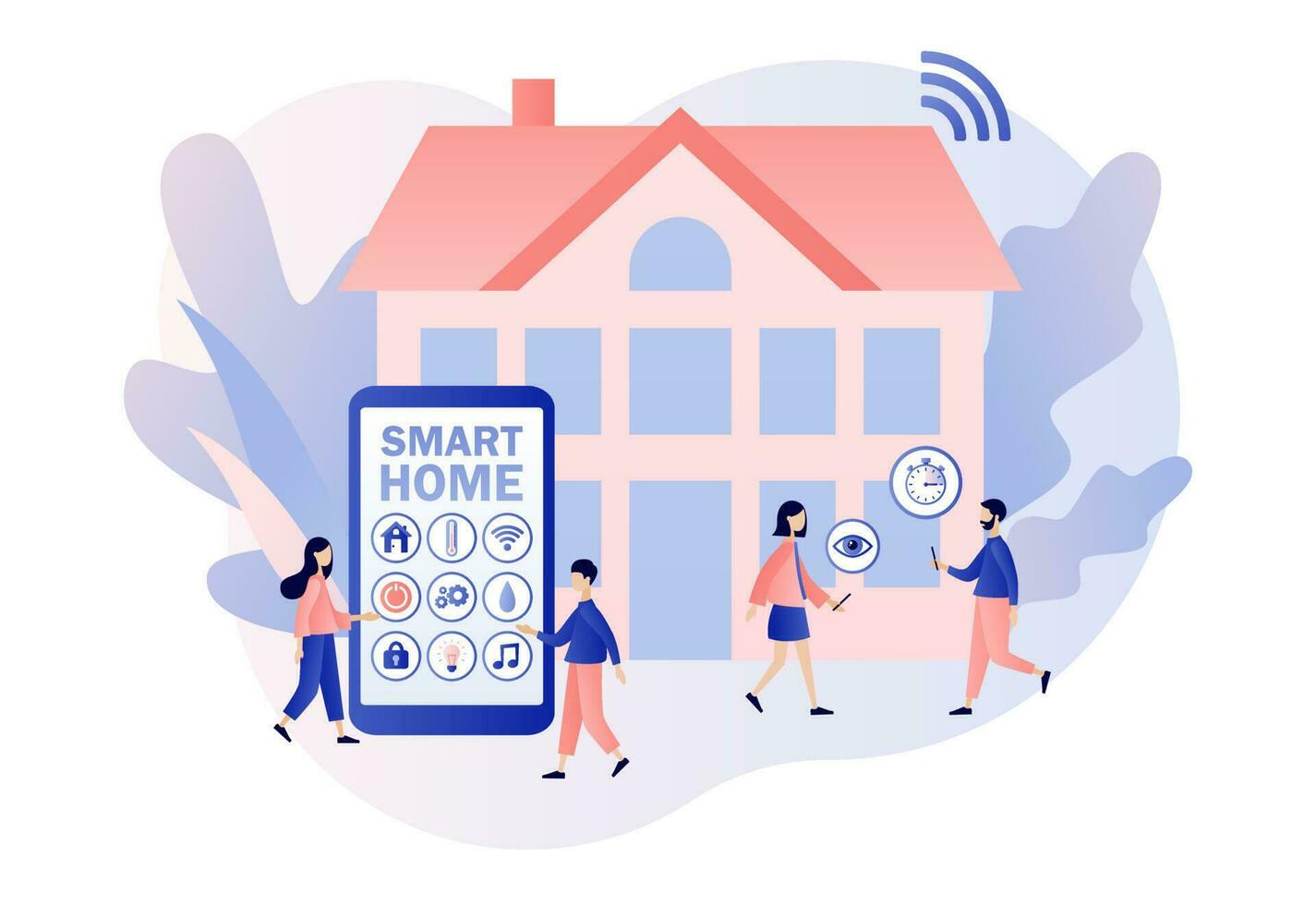 Smart home. Tiny people control of lighting, heating, ventilation and air conditioning, security and video surveillance with smartphone app. Modern flat cartoon style. Vector illustration