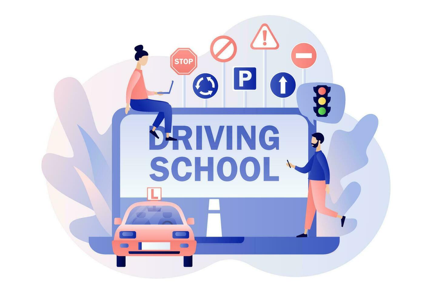 Driving school. Driver license. Tiny people studying in drive lesson and passing exams online use laptop. Traffic rules. Road signs. Modern flat cartoon style. Vector illustration on white background