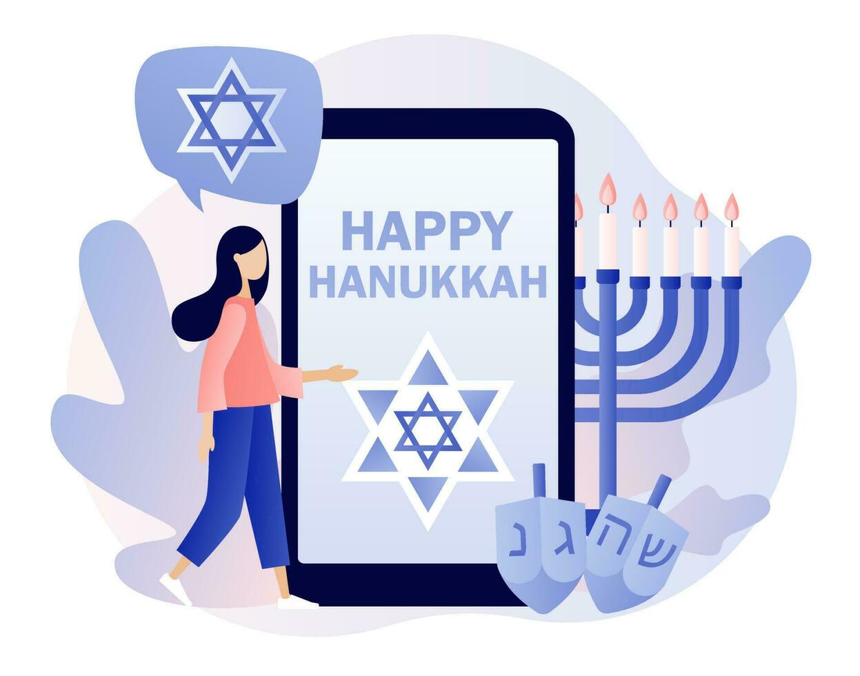 Happy Hanukkah - text on smartphone screen. Traditional jewish holiday with tiny people and symbols - menorah candles, dreidels spinning top, star David. Modern flat cartoon style. Vector illustration