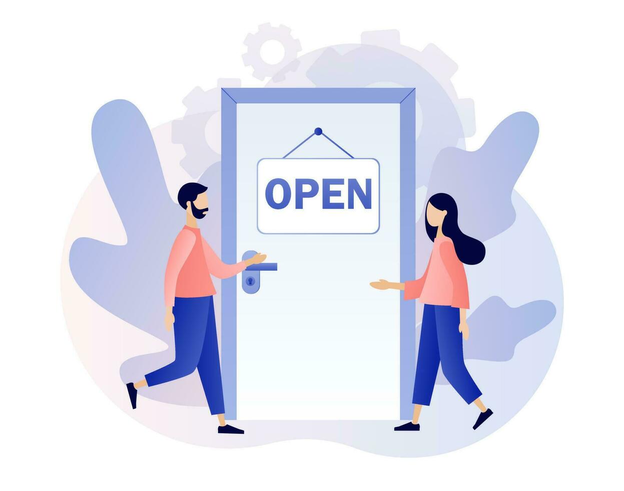 Open - sign on the door and tiny people go to it. We are working again. Reopening establishments, cafe, shop, store, salon. Modern flat cartoon style. Vector illustration on white background