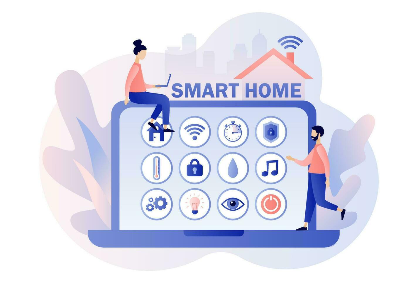 Smart home concept. Tiny people control of lighting, heating, ventilation and air conditioning, security and video surveillance with laptop. Modern flat cartoon style. Vector illustration