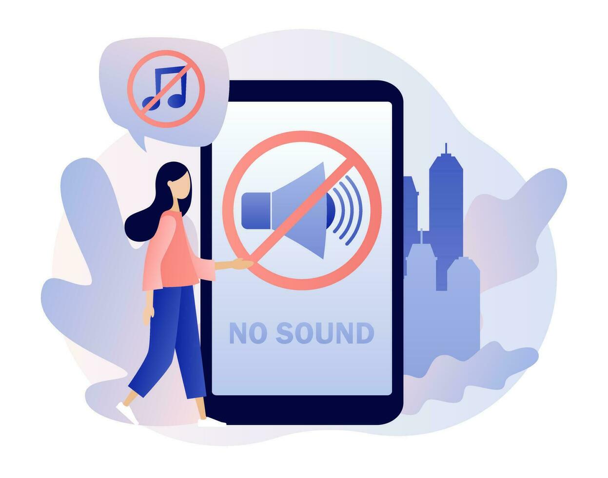 No sound - text on smartphone screen. Quiet zone concept. Stop noise sign and tiny people. Volume off or mute mode sign for smartphone or laptop. Modern flat cartoon style. Vector illustration