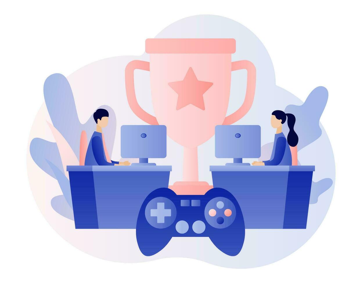 Professional gamers at video game online tournament competing for trophy. E-sport and cybersport concept. Modern flat cartoon style. Vector illustration on white background