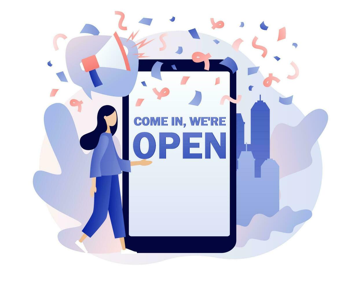 Come in we are Open - big text on smartphone screen. We are working again after quarantine. Reopening establishments, cafe, shop, store, salon. Modern flat cartoon style. Vector illustration