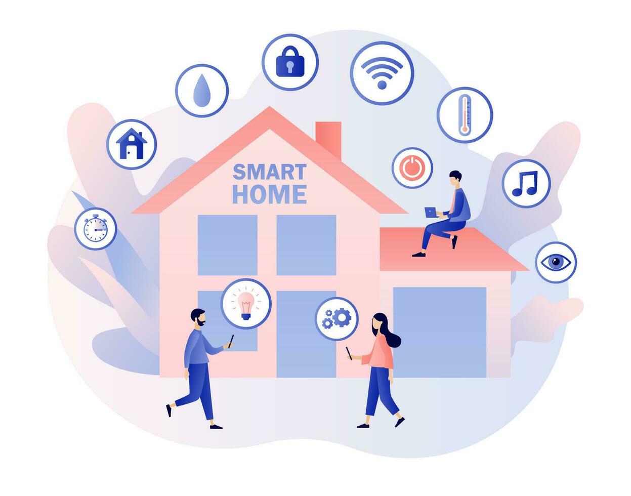 Tiny people control of lighting, heating, ventilation and air conditioning, security and video surveillance with smartphone app or laptop. Smart home. Modern flat cartoon style. Vector illustration