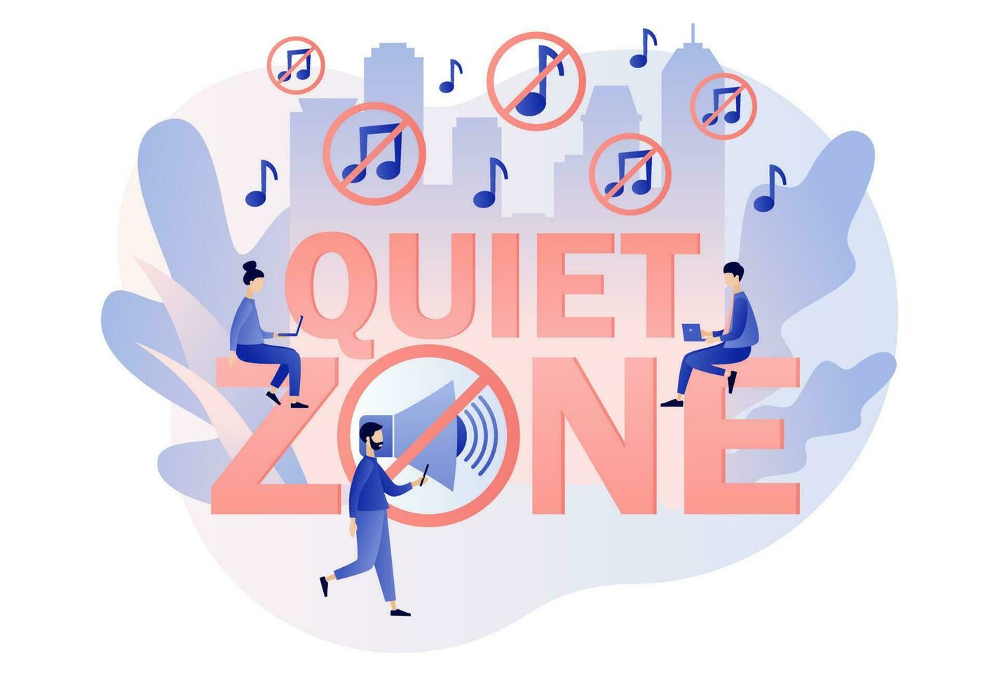 Quiet zone concept. No sound, Stop noise sign and tiny people. Volume off or mute mode sign. Modern flat cartoon style. Vector illustration on white background