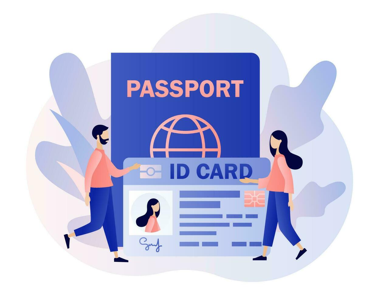 Smart ID card concept. Tiny people and Biometric documents. Digital passport and Driver license. Electronic identity card. Modern flat cartoon style. Vector illustration on white background