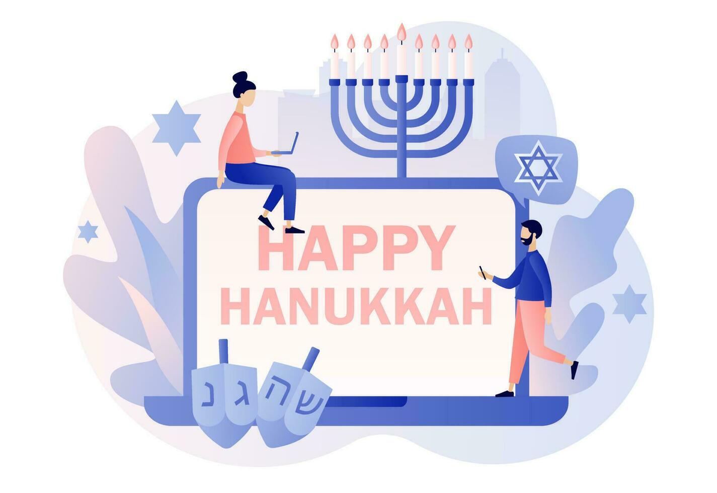 Happy Hanukkah - text on laptop screen. Traditional jewish holiday with tiny people and symbols - menorah candles, dreidels spinning top, star David. Modern flat cartoon style. Vector illustration