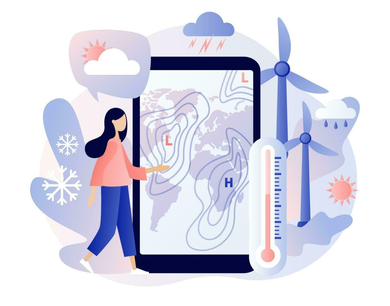 World Meteorological day. Meteorology science. Tiny woman meteorologist studying and researching weather and climate condition with smartphone app. Modern flat cartoon style. Vector illustration