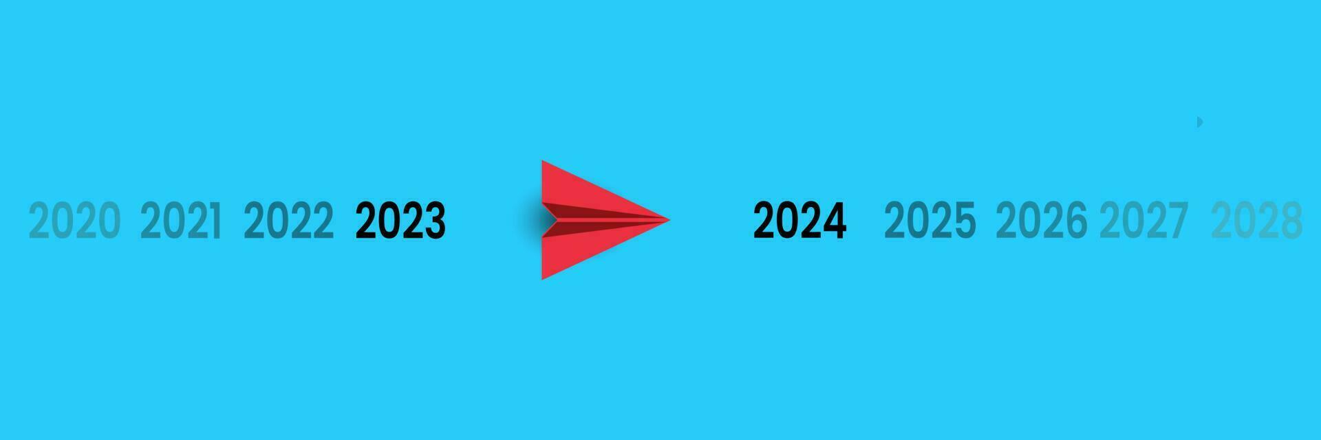 rojo avión volador desde año 2023 a año 2024. contento nuevo año 2024 texto diseño. para folleto, plantilla, tarjeta, bandera. vector ilustración. nuevo año idea concepto.