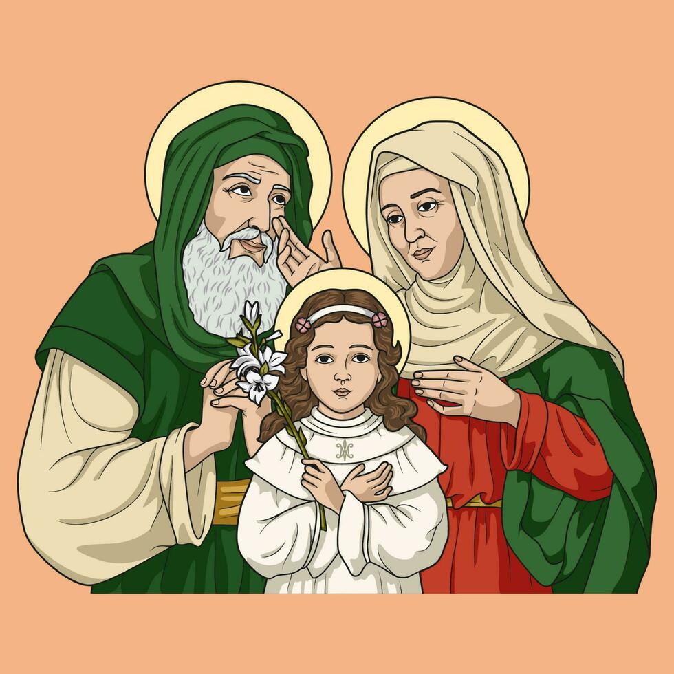 Saint Anne, Saint Joachim and the Child Virgin Mary Colored Vector Illustration