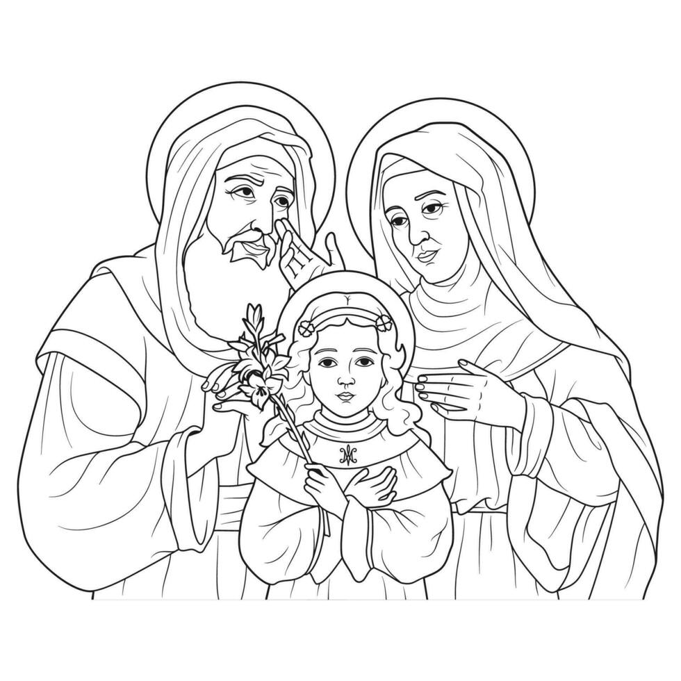 Saint Anne, Saint Joachim and the Child Virgin Mary Vector Illustration Outline Monochrome