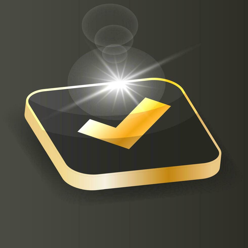 Golden Isometric Check mark icon. Tick symbol button on a black background. Accept okey symbol for approvement or cheklist design. 3d Vector