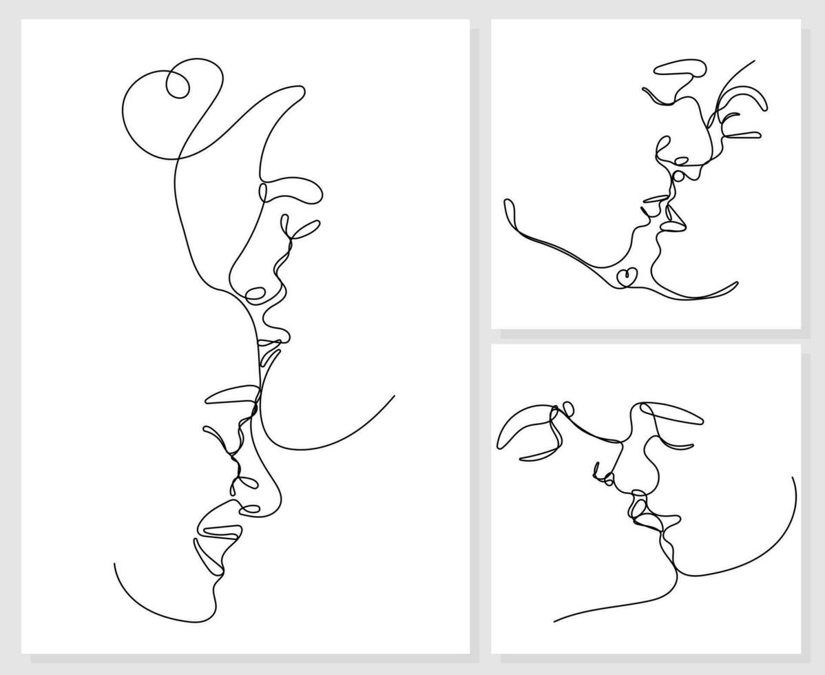 Continuous one line drawing of kissing men and woman on white background vector