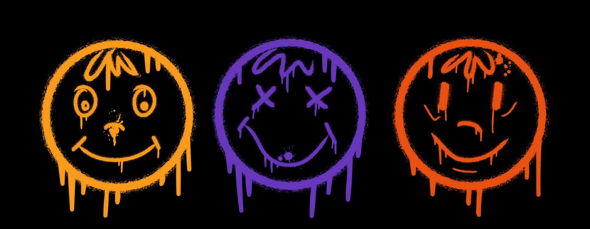 Three graffiti neon emoticons with splash effect and drops vector