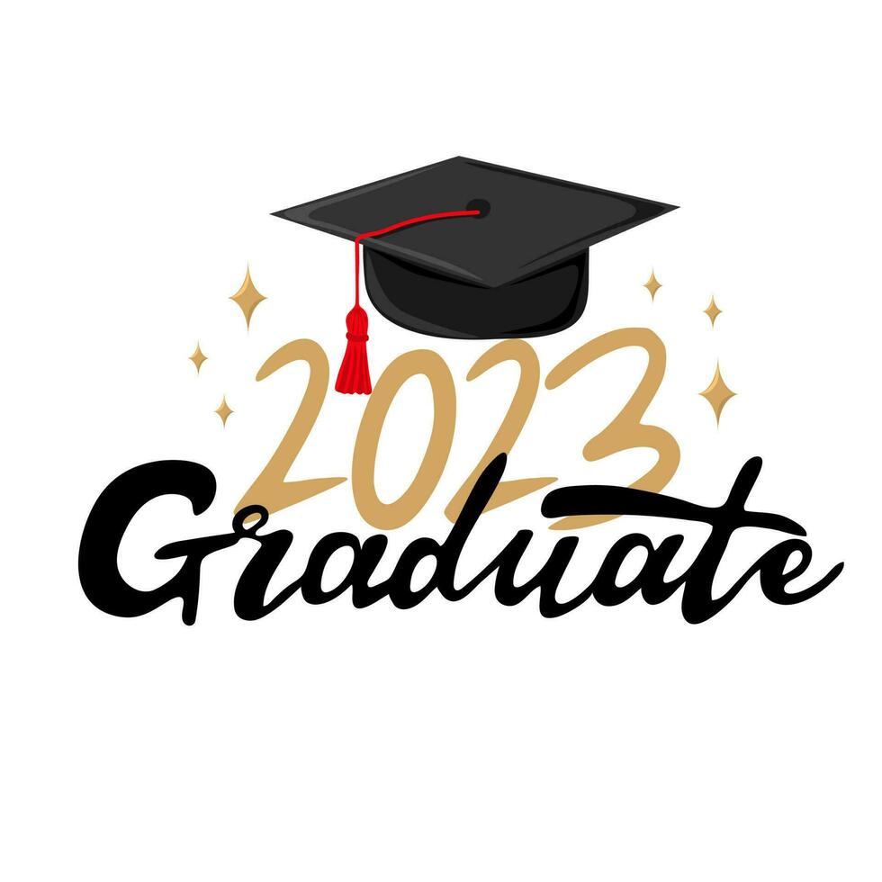 Graduate 2023. Handwritten text with graduation cap vector