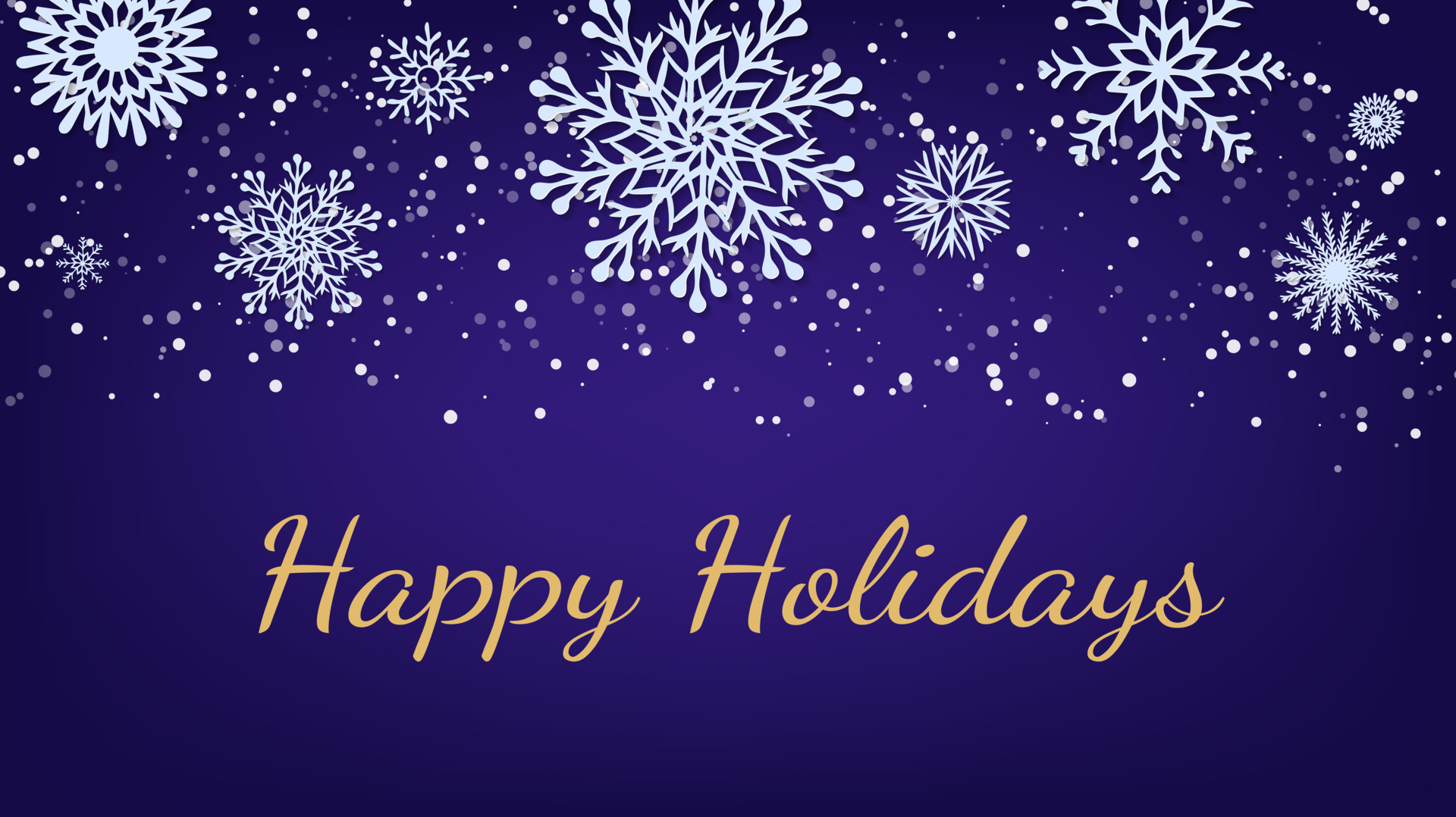 Happy Holidays text on dark purple background with paper snowflakes