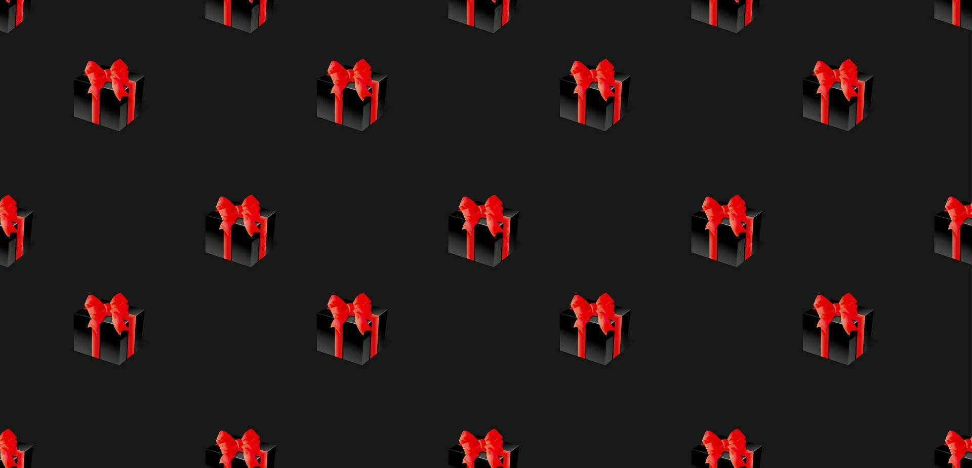 Seamless pattern of black gift boxes with red bows. vector