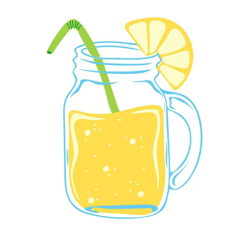 Glass jar with lemonade and lemon slice. Summer drink vector