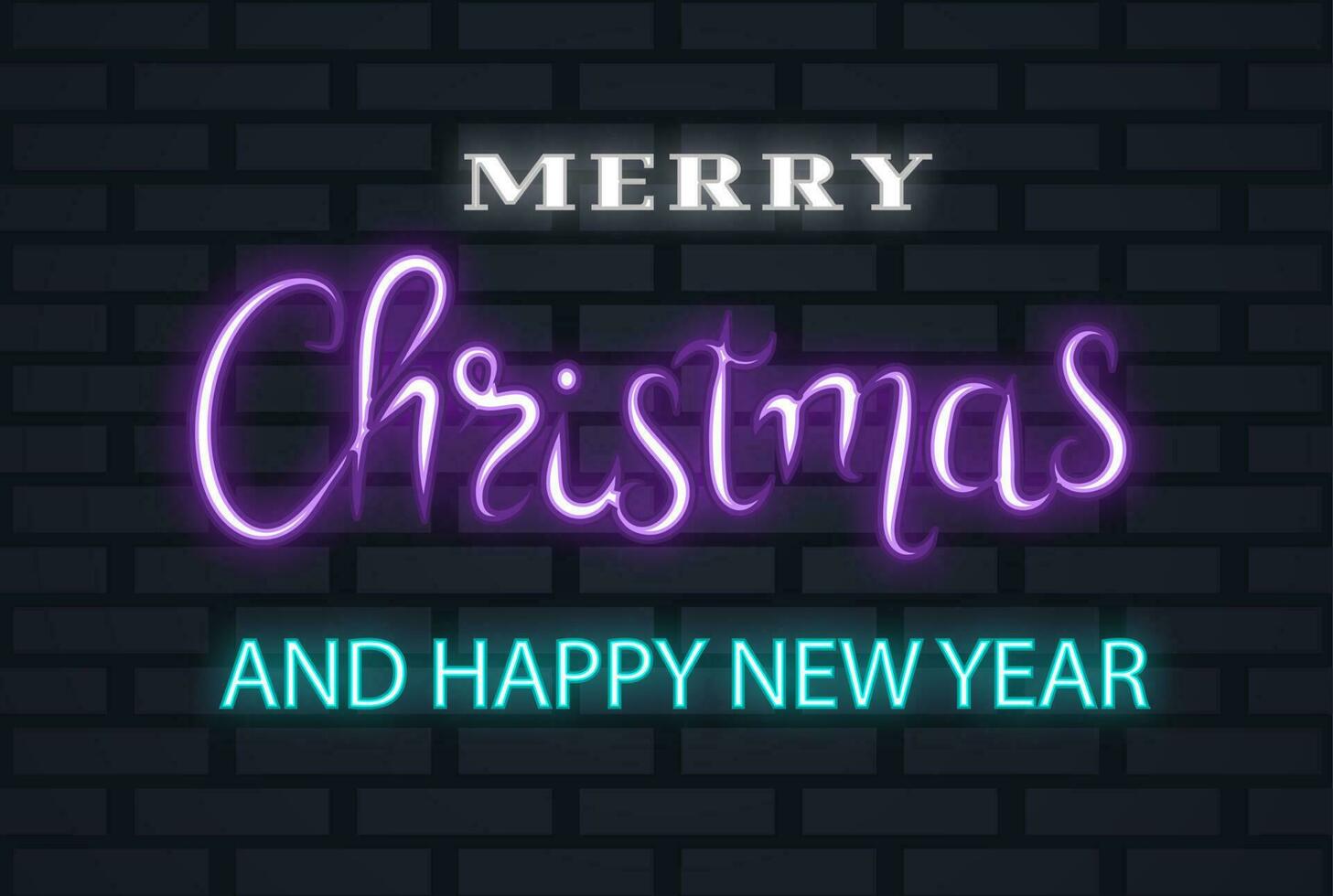 Neon Merry Christmas and happy new year text on a brick wall background vector
