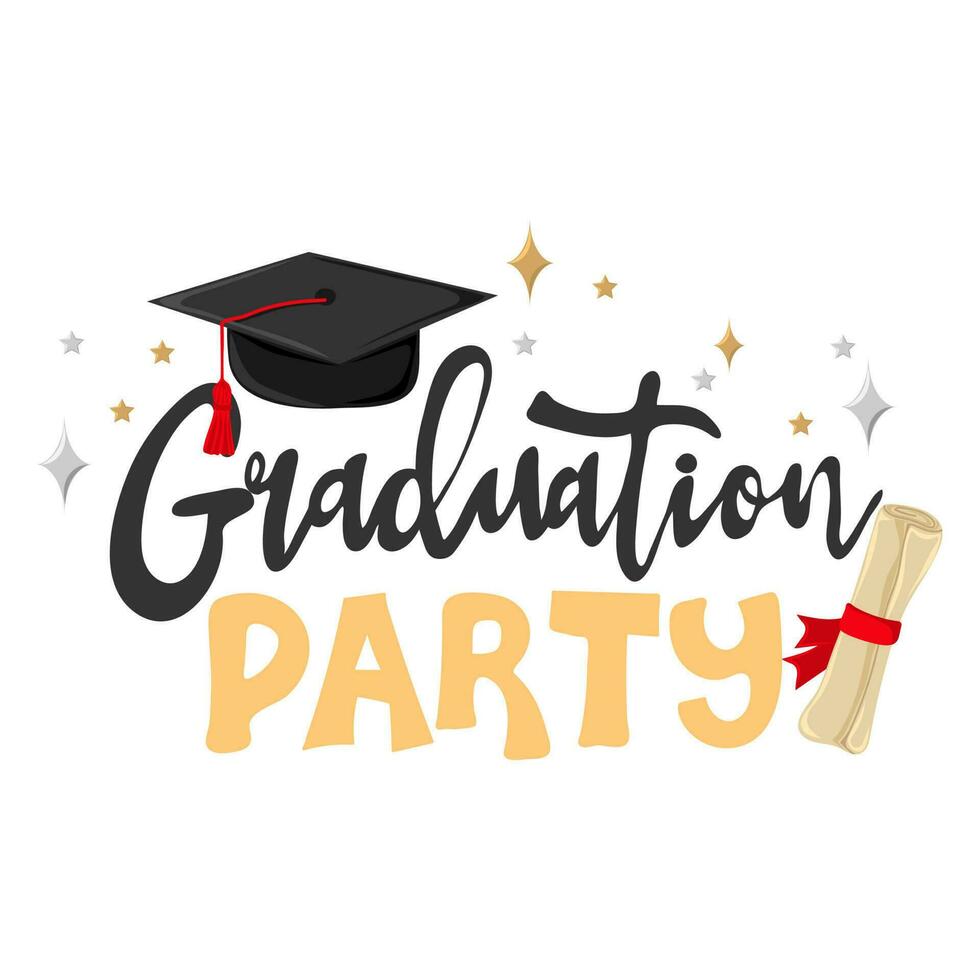 Graduation party. Handwritten text with graduation cap and scroll of diploma vector