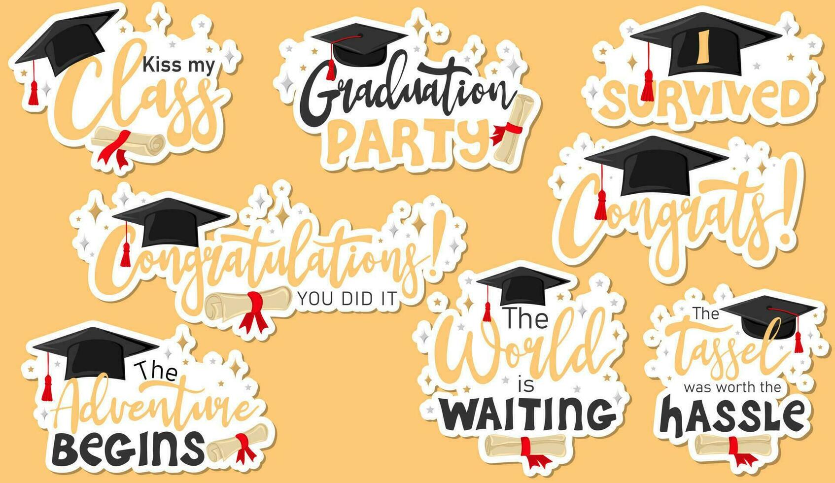 Sticker pack of inspiration and motivation graduation party quotes with graduation cap and scroll of diploma. Congrats grad vector