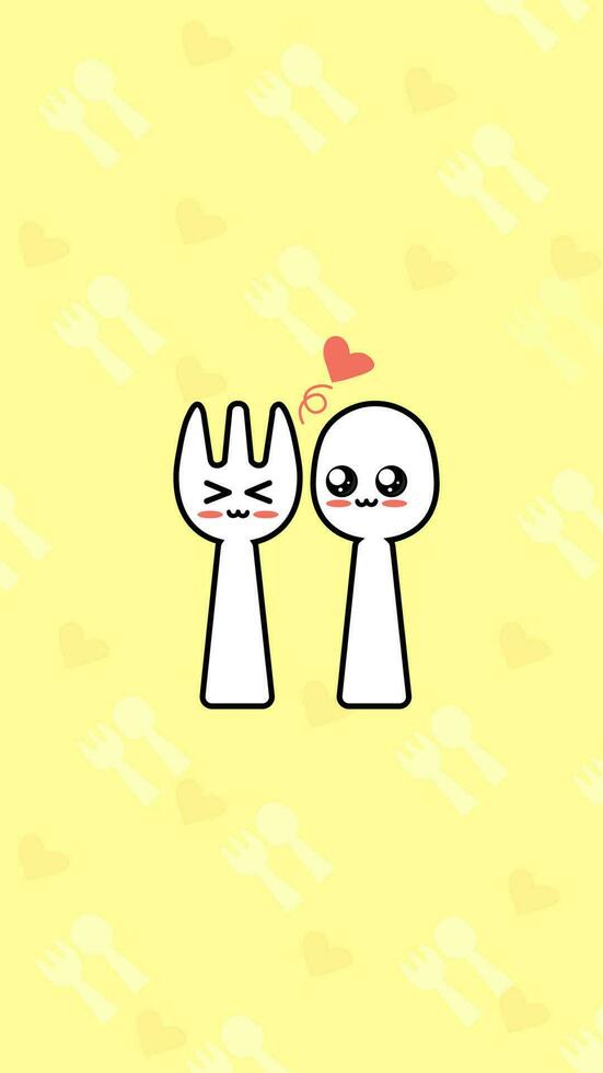 spoon and fork cartoon character with smile face yellow background and love. this vector illustration can be use for phone wallpaper or sticker or mascot or as an icon