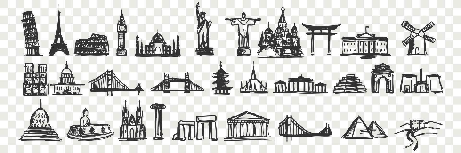Hand drawn landmarks doodle set vector