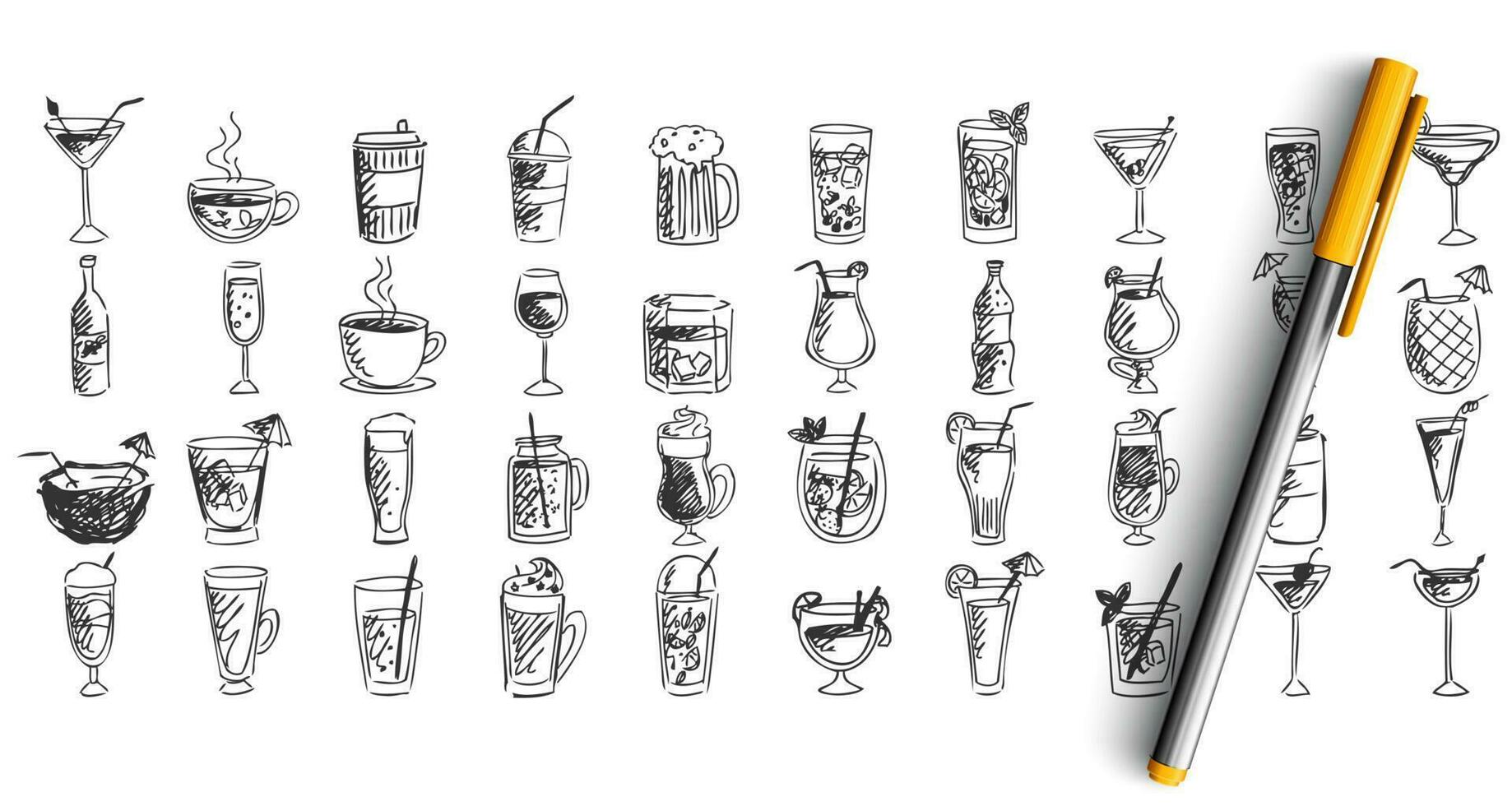 Cocktails doodle set vector