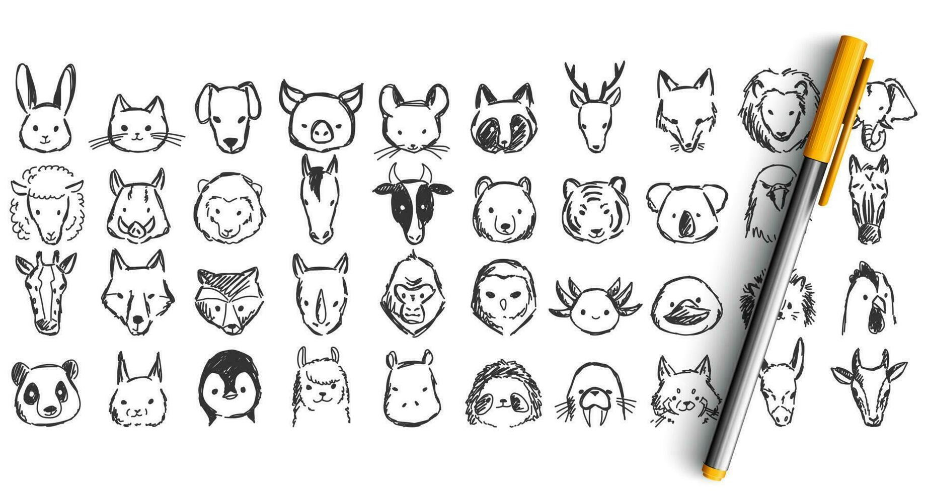 Animals doodle set vector