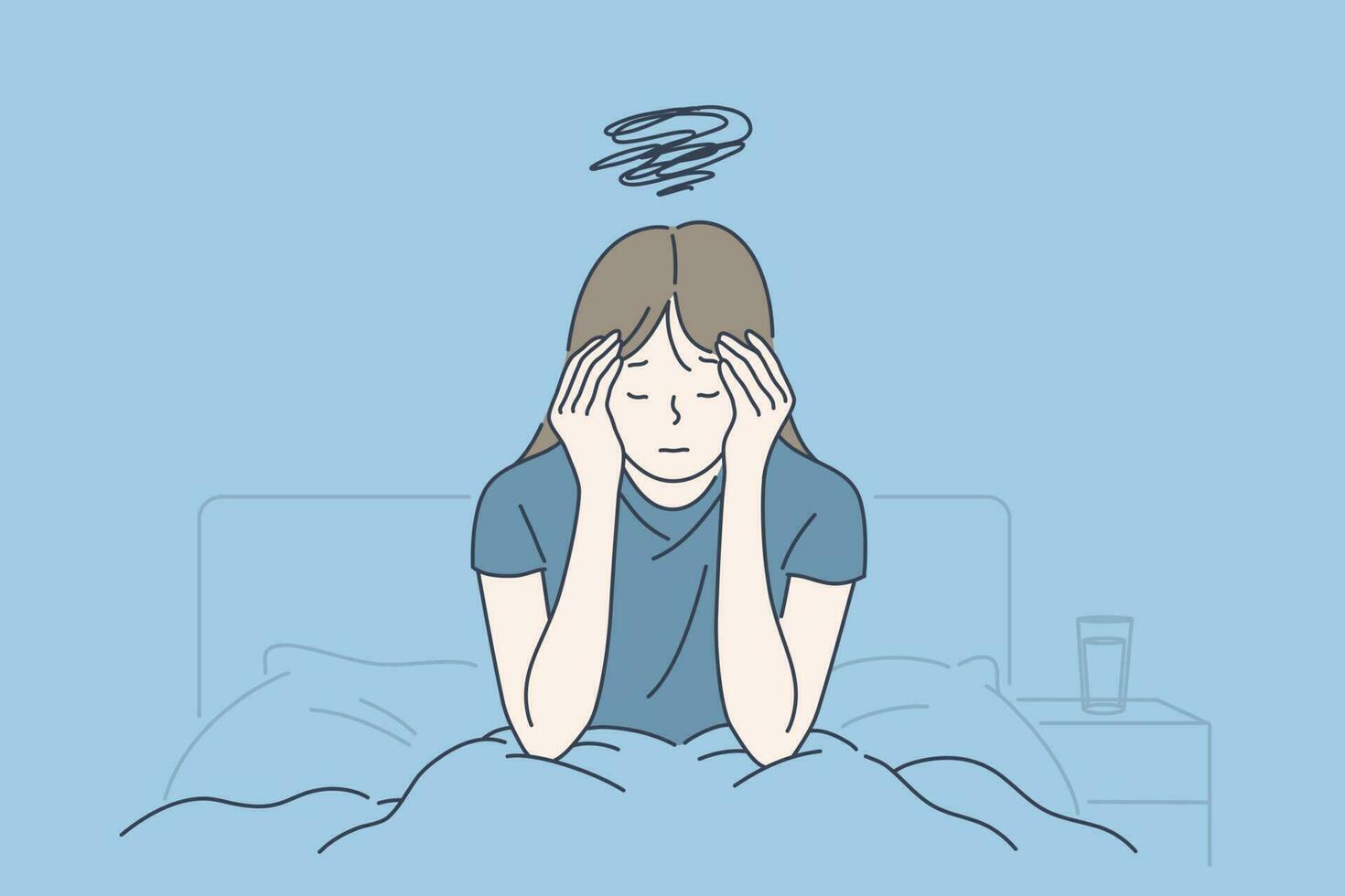 Morning migraine, chronic fatigue and nervous tension, stress or flu symptom, hard to wake up concept vector