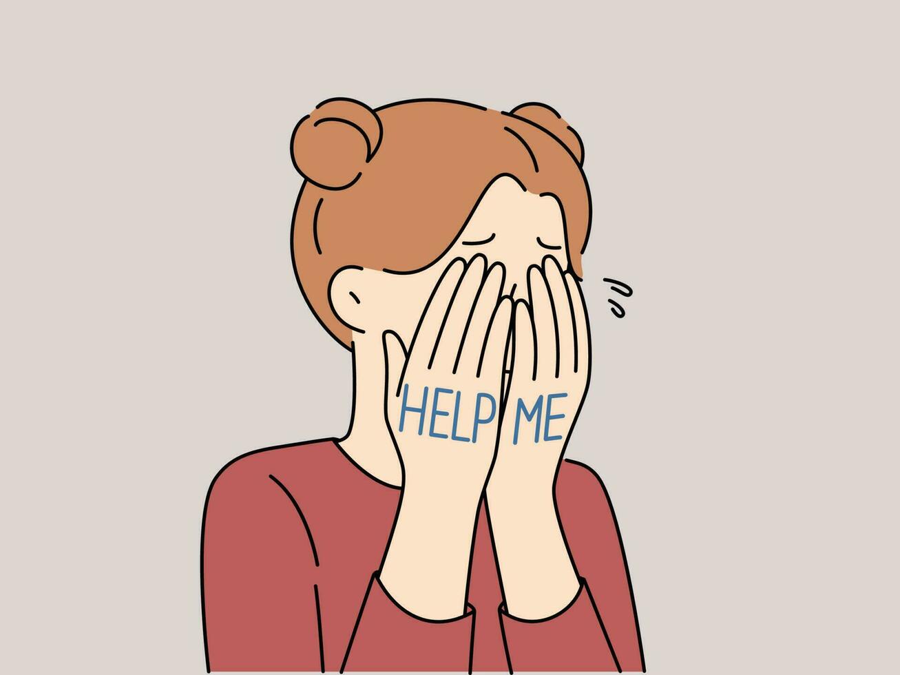 Unhappy little girl cry ask for help. Help me words on child hands. Concept of domestic violence and children abuse. Vector illustration.