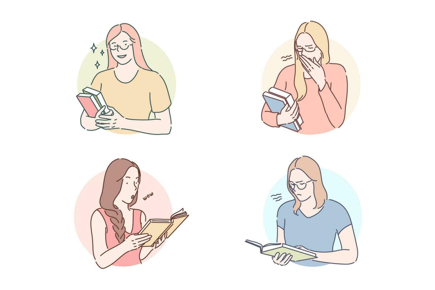 Reading interesting or boring book set concept vector