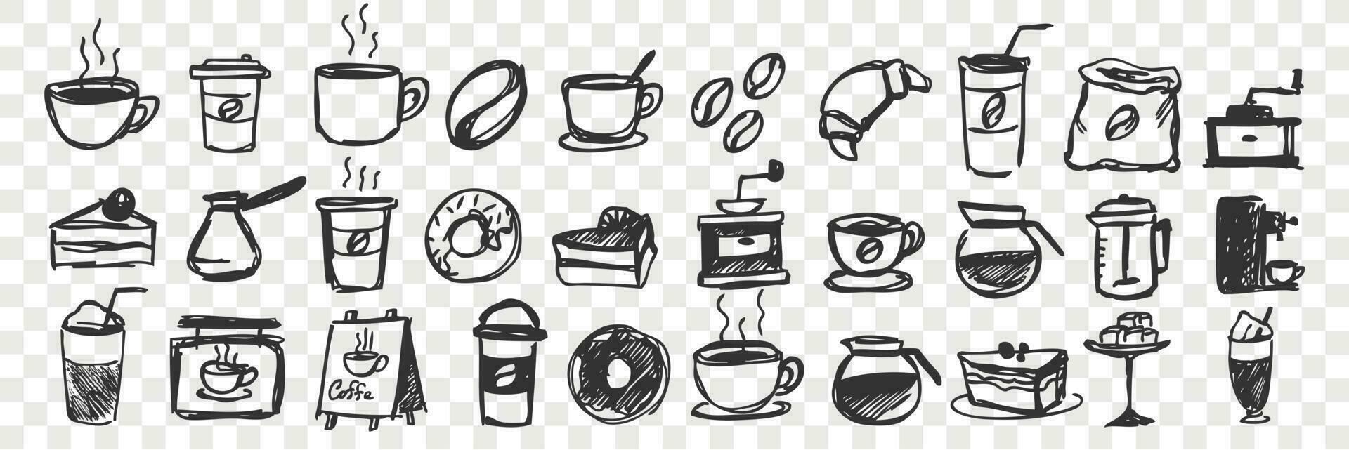 Hand drawn cups and pastry doodle set vector