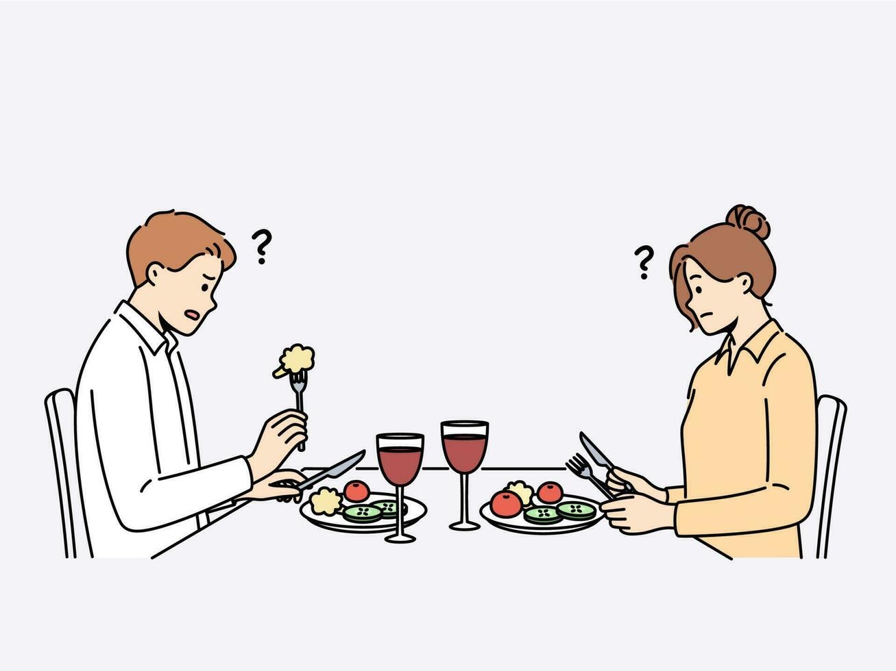 Confused couple sit at table in restaurant eating bad meal at dinner. Distressed man and woman dissatisfied with food in cafe. Vector illustration.