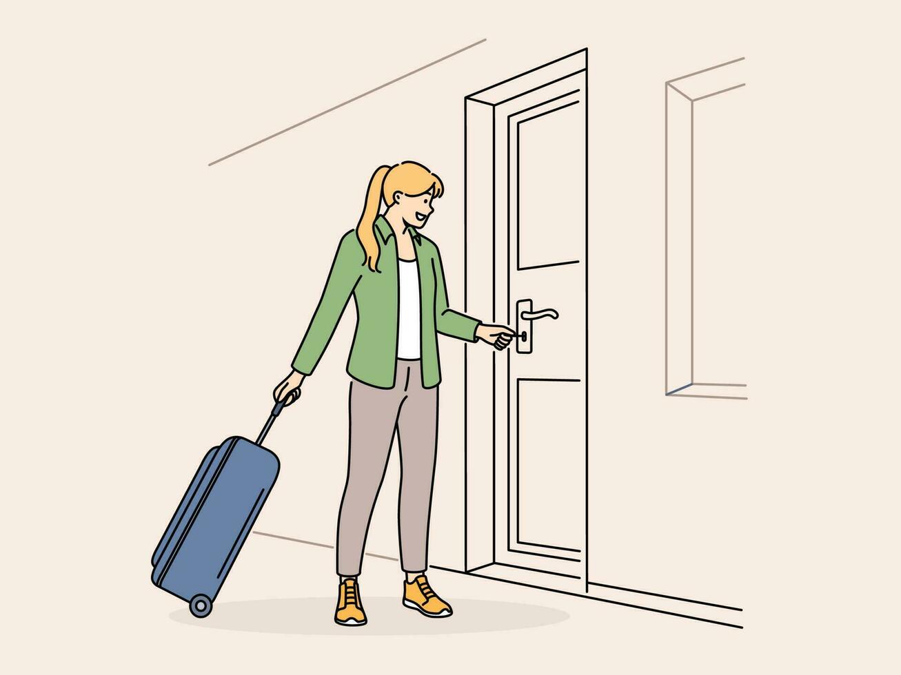 Smiling woman with suitcase open door with key. Happy female tenant or renter with baggage lock doors in house or apartment. Vector illustration.