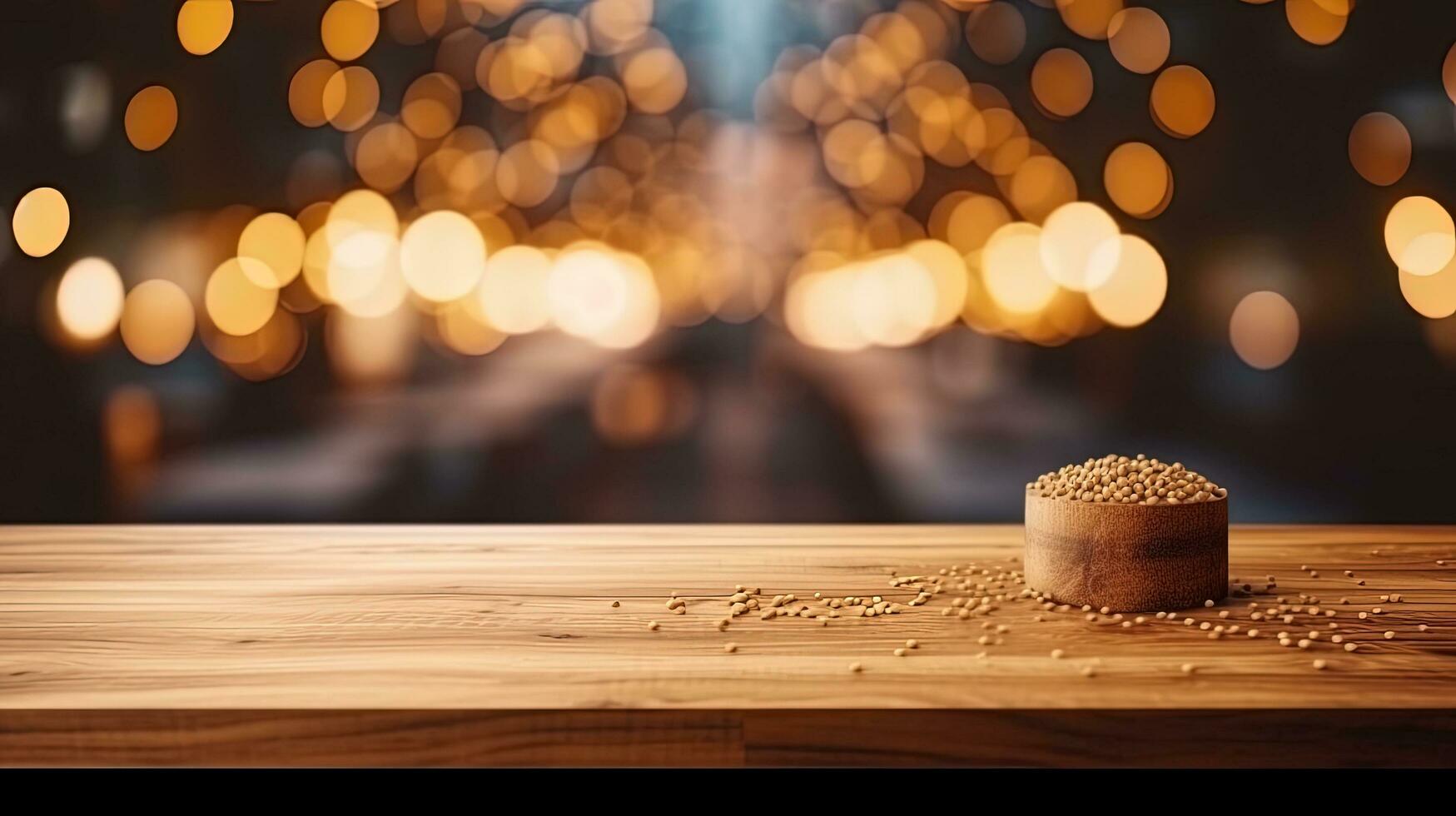 Empty wooden table in front of abstract bokeh light background. photo